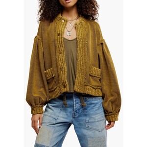 Free People Cute In This Cardi Fir Green Sweater Size XS Bomber Collar NWT